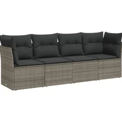 Loungebanken-vidaXL Loungeset met kussens - set van 4 - Grijs - Poly Rattan - 234x62x69 cm