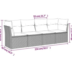 Loungebanken-vidaXL Loungeset met kussens - set van 4 - Grijs - Poly Rattan - 234x62x69 cm