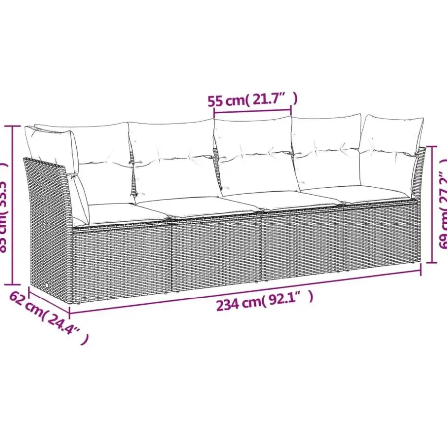 Loungebanken-vidaXL Loungeset met kussens - set van 4 - Grijs - Poly Rattan - 234x62x69 cm