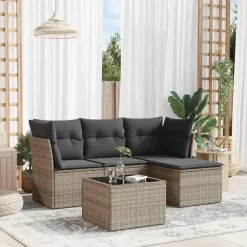 Loungesets-vidaXL Loungeset met kussens & tuintafel - Grijs - Poly Rattan - 5 stuks