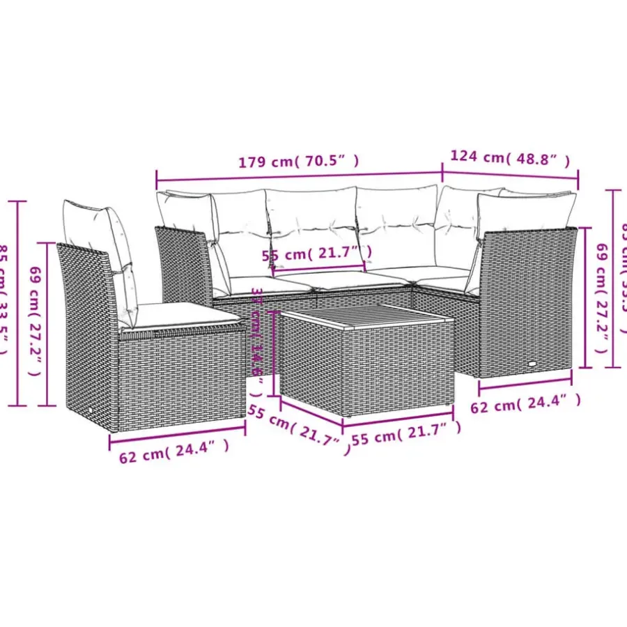 Loungesets-vidaXL Loungeset met kussens & hout salontafel - Grijs - Poly rattan - 6 stuks