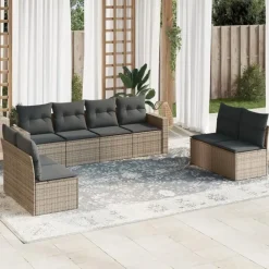Loungesets-vidaXL Loungeset met kussens en tuintafel voor 8 personen - Grijs - Poly Rattan
