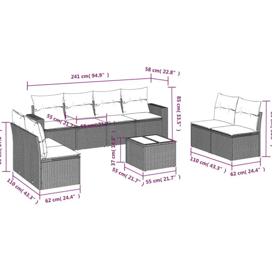 Loungesets-vidaXL Loungeset met kussens en tuintafel voor 8 personen - Grijs - Poly Rattan