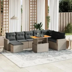 Loungesets-vidaXL Loungeset voor 8 met kussens en verstelbaar hout salontafel - 9 stuks