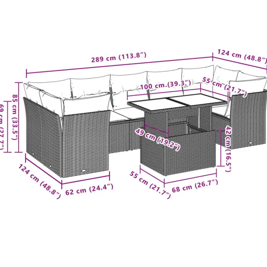 vidaXL Loungeset voor 7 met kussens en verstelbaar salontafel - Gris - 8 stuks