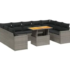 Loungesets-vidaXL Loungeset voor 9 met kussens en verstelbaar hout salontafel - 10 stuks