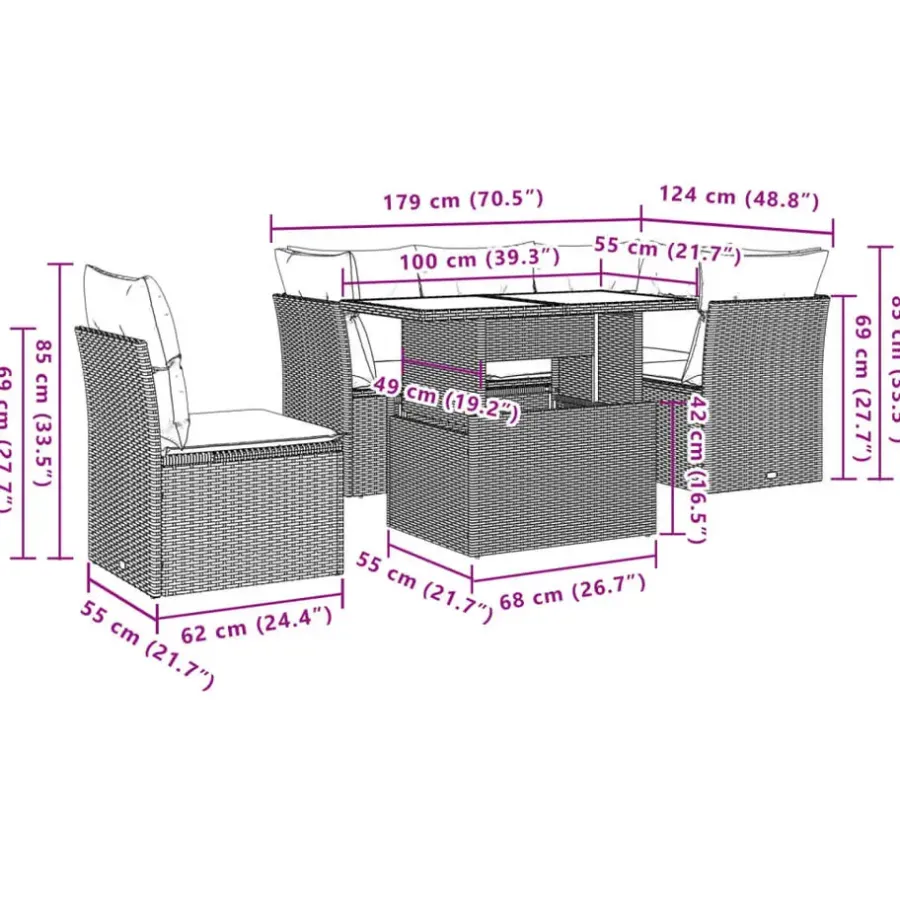 Loungesets-vidaXL Loungeset voor 5 met kussens & verstelbaar salontafel - Gris - 6 stuks