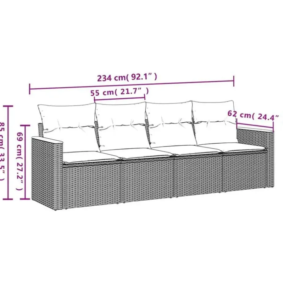 vidaXL 4-zits Loungebank met kussens - Grijs - Poly rattan -234x62x69 cm