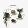 IVOL Vierdubbel zeshoekig metalen wandrek met 4 houten plankjes - 40,5x58 cm - Goud