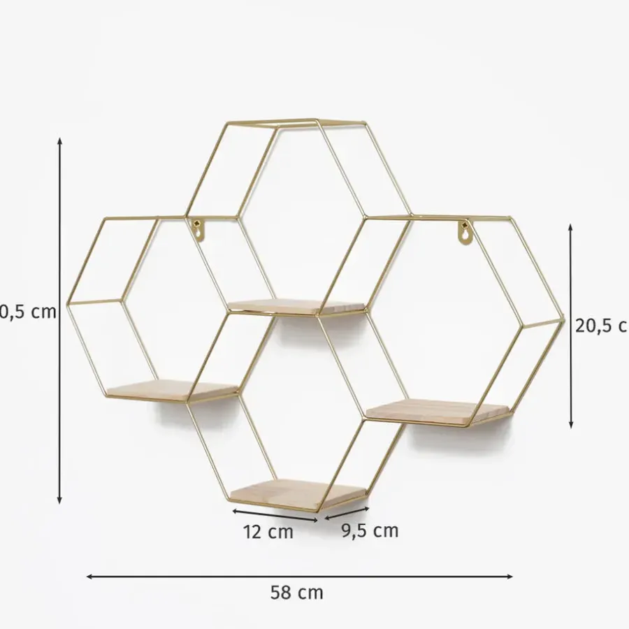 IVOL Vierdubbel zeshoekig metalen wandrek met 4 houten plankjes - 40,5x58 cm - Goud