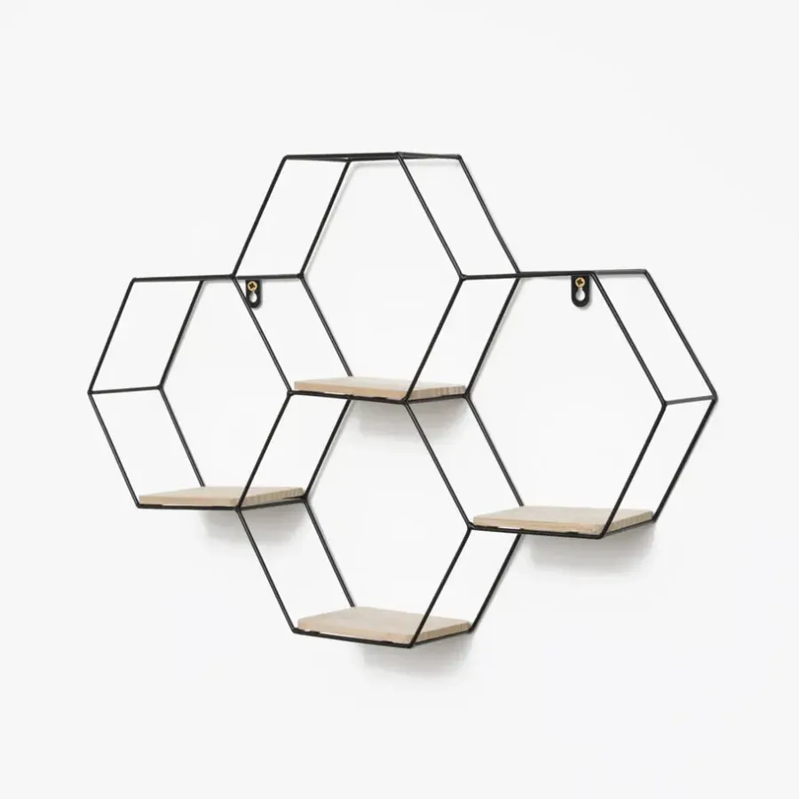Wandrekken-IVOL Vierdubbel zeshoekig metalen wandrek met 4 houten plankjes - 40,5x58 cm - Zwart