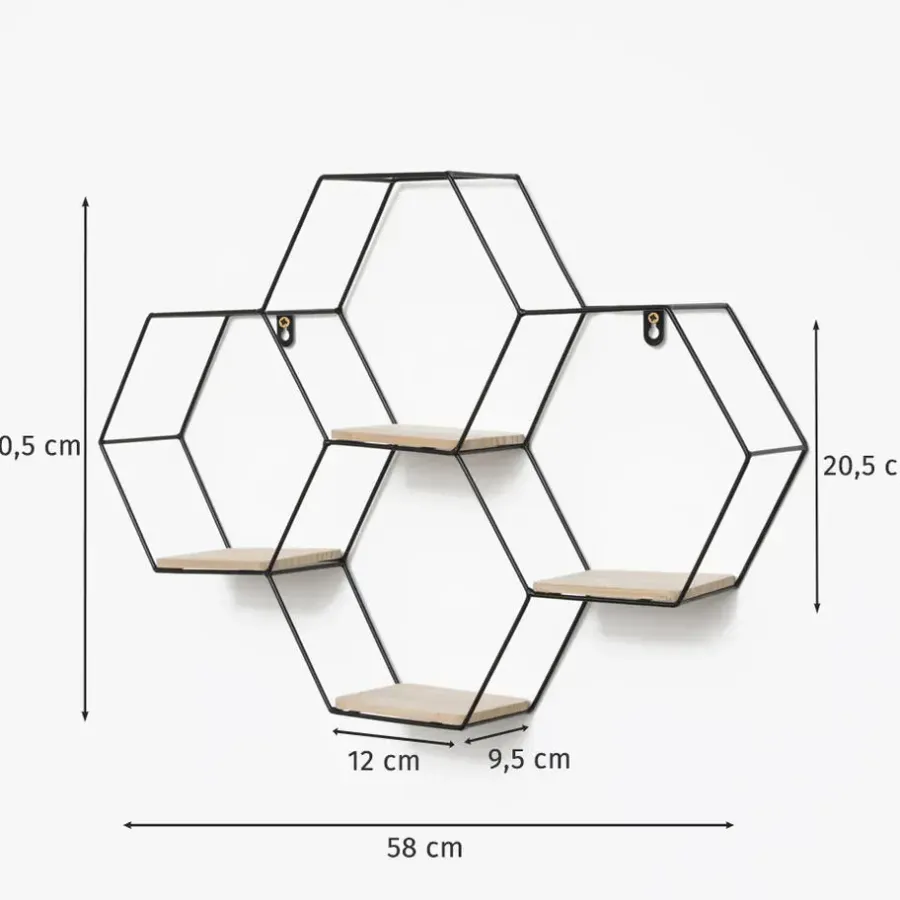 Wandrekken-IVOL Vierdubbel zeshoekig metalen wandrek met 4 houten plankjes - 40,5x58 cm - Zwart