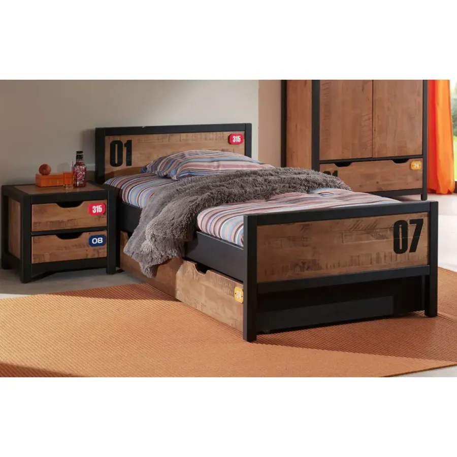 1-Persoons Bedden-Vipack bed Alex met rolbed/opberglade en nachtkastje - bruin/zwart - 90x200 cm