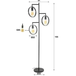 Dimehouse Vloerlamp Fabiola metaal 3-lichts - 155x50x155 cm - Metaal - Grijs