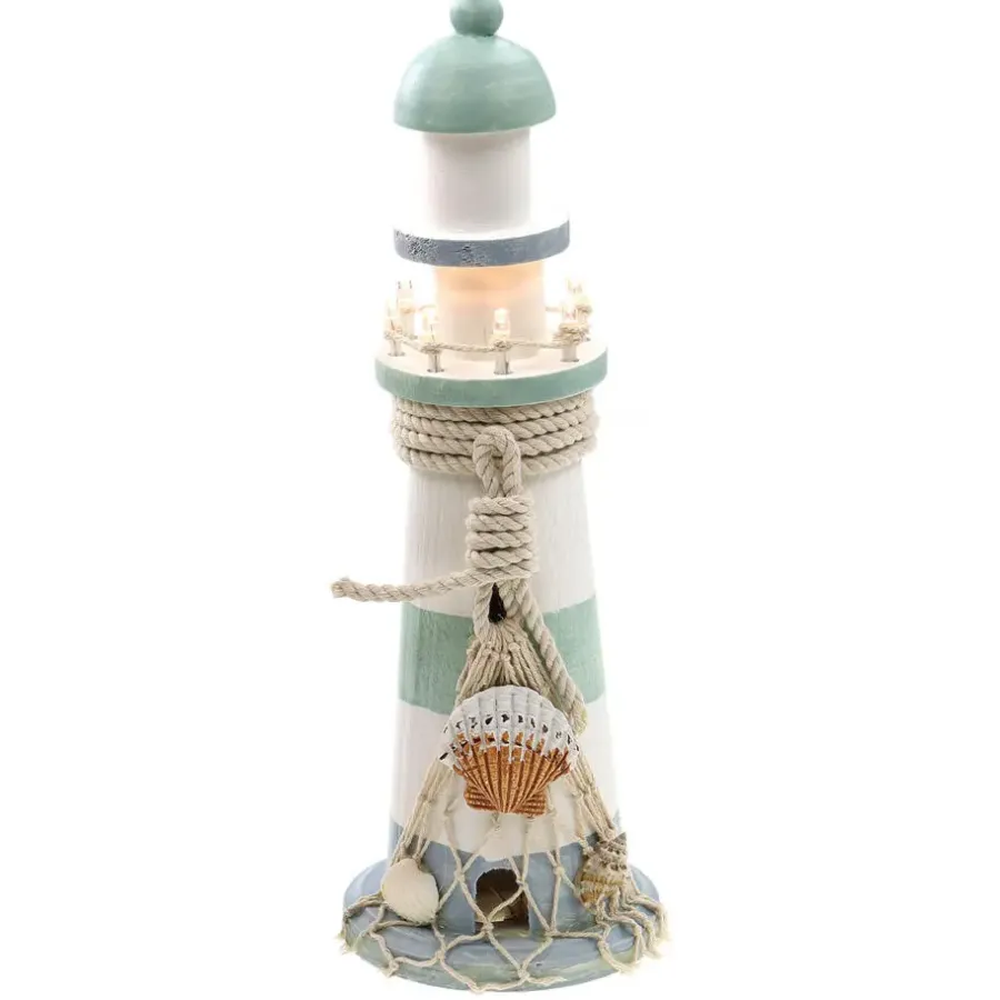 Beelden-Merkloos Vuurtoren beeldje - Hout - 10 x 30 cm - wit/mintgroen