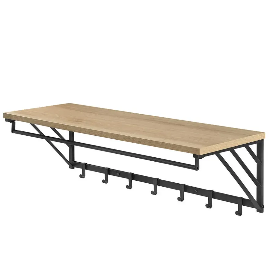 Merkloos Wandkapstok - industriële look - 7 haken - 90x26x30 cm - lichte eik