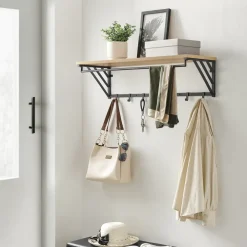 Merkloos Wandkapstok - industriële look - 7 haken - 90x26x30 cm - lichte eik