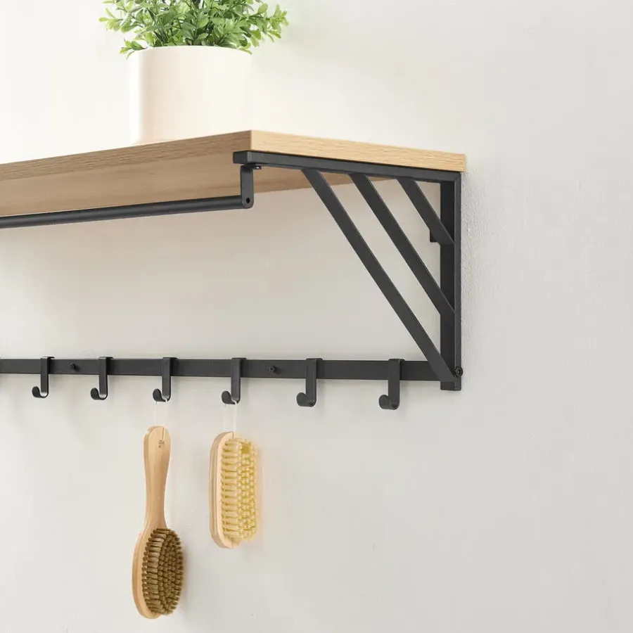 Merkloos Wandkapstok - industriële look - 7 haken - 90x26x30 cm - lichte eik