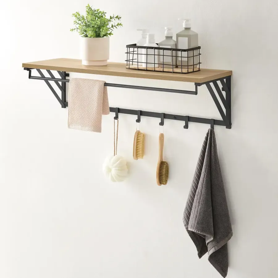 Merkloos Wandkapstok - industriële look - 7 haken - 90x26x30 cm - lichte eik