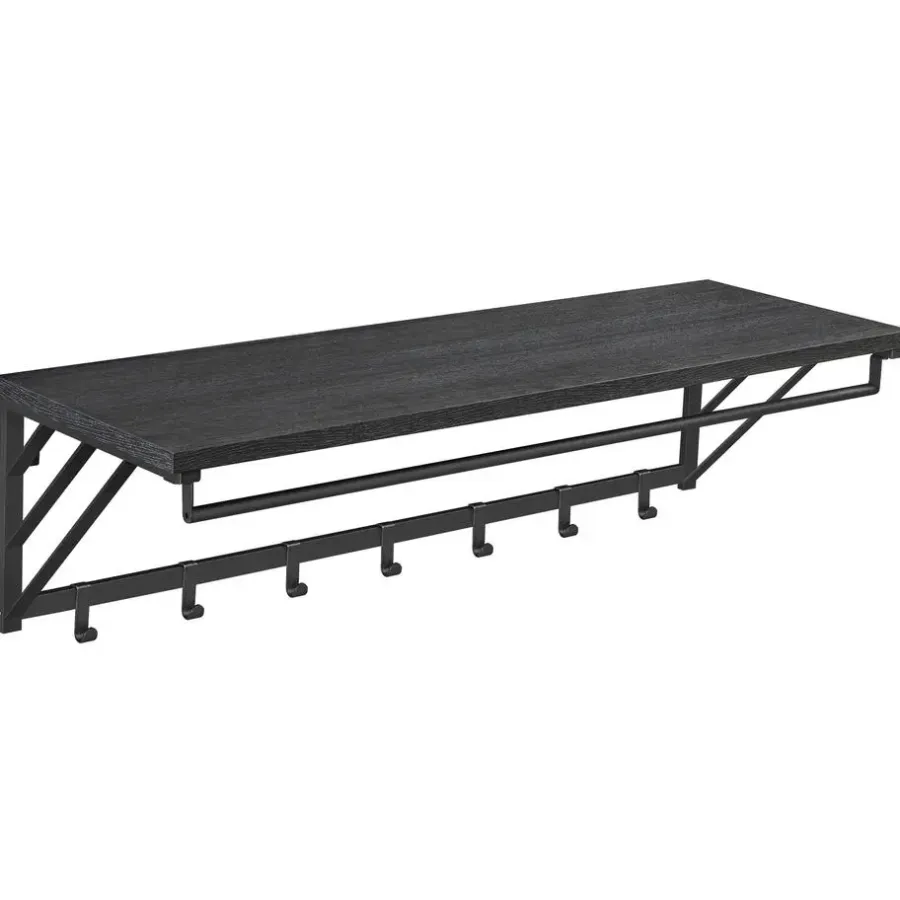 Kapstokken-Merkloos Wandkapstok met Plank en 7 Haken, Metaal en Hout, Zwart