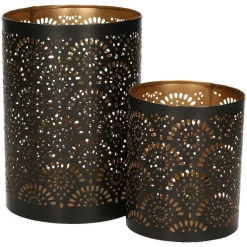 Merkloos Windlicht - motief - 2x - zwart/goud - 10/15 cm - theelichthouder
