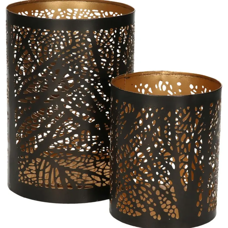 Merkloos Windlicht set - 2x - zwart/goud - 10/15 cm - waxinelichthouder