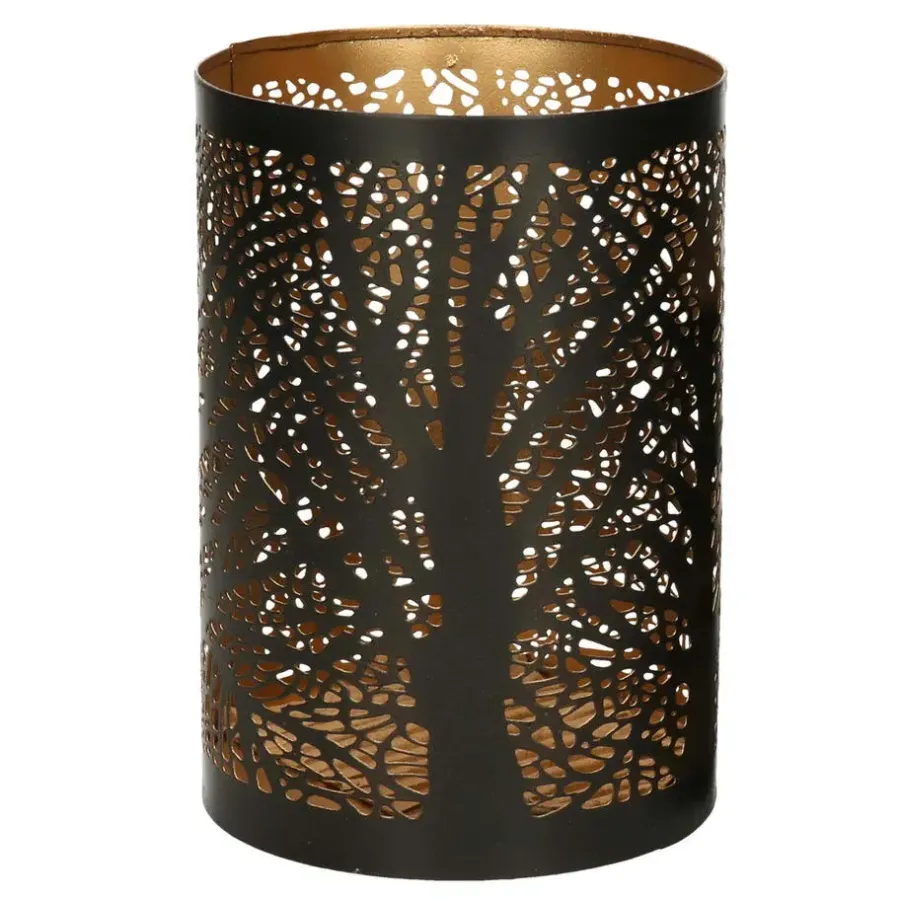 Merkloos Windlicht set - 2x - zwart/goud - 10/15 cm - waxinelichthouder