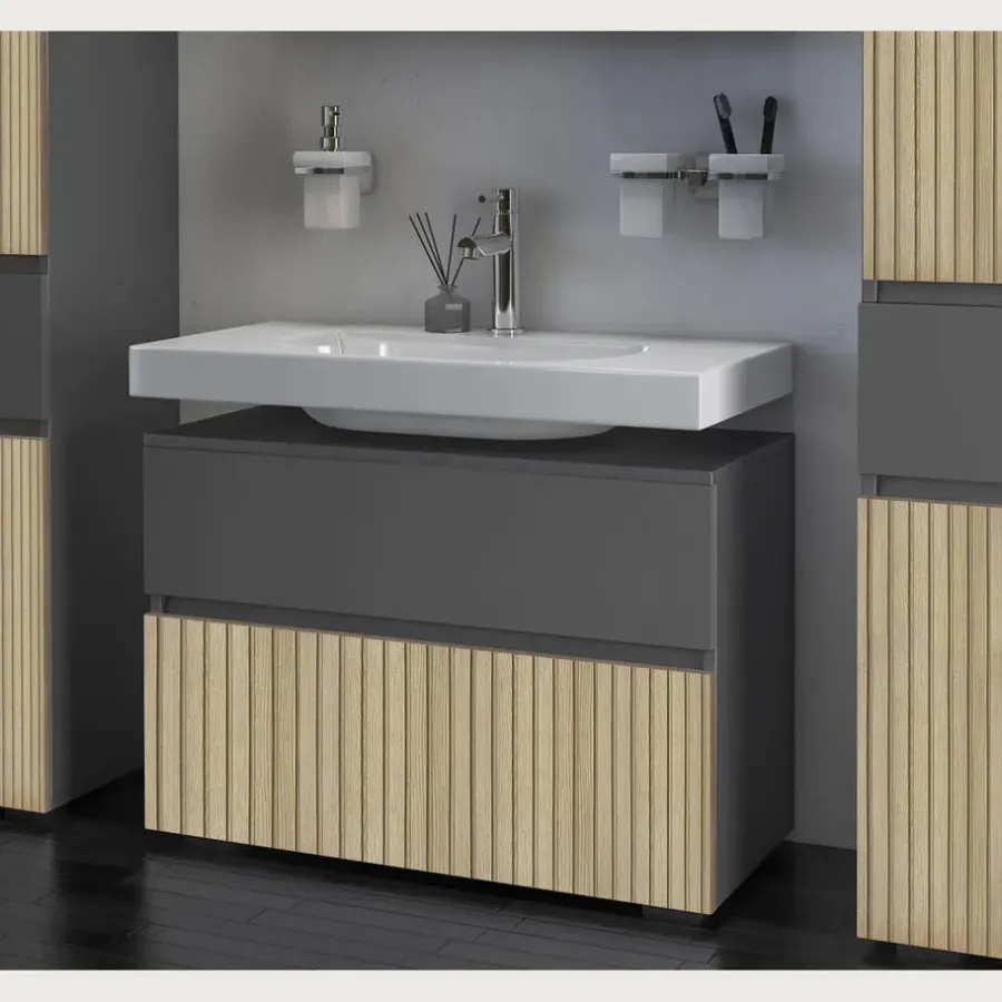 Wastafelkasten-Dorel Home Wisla - Wastafelonderkast 80 cm met 1 klep 1 lade in antraciet eikenoptik