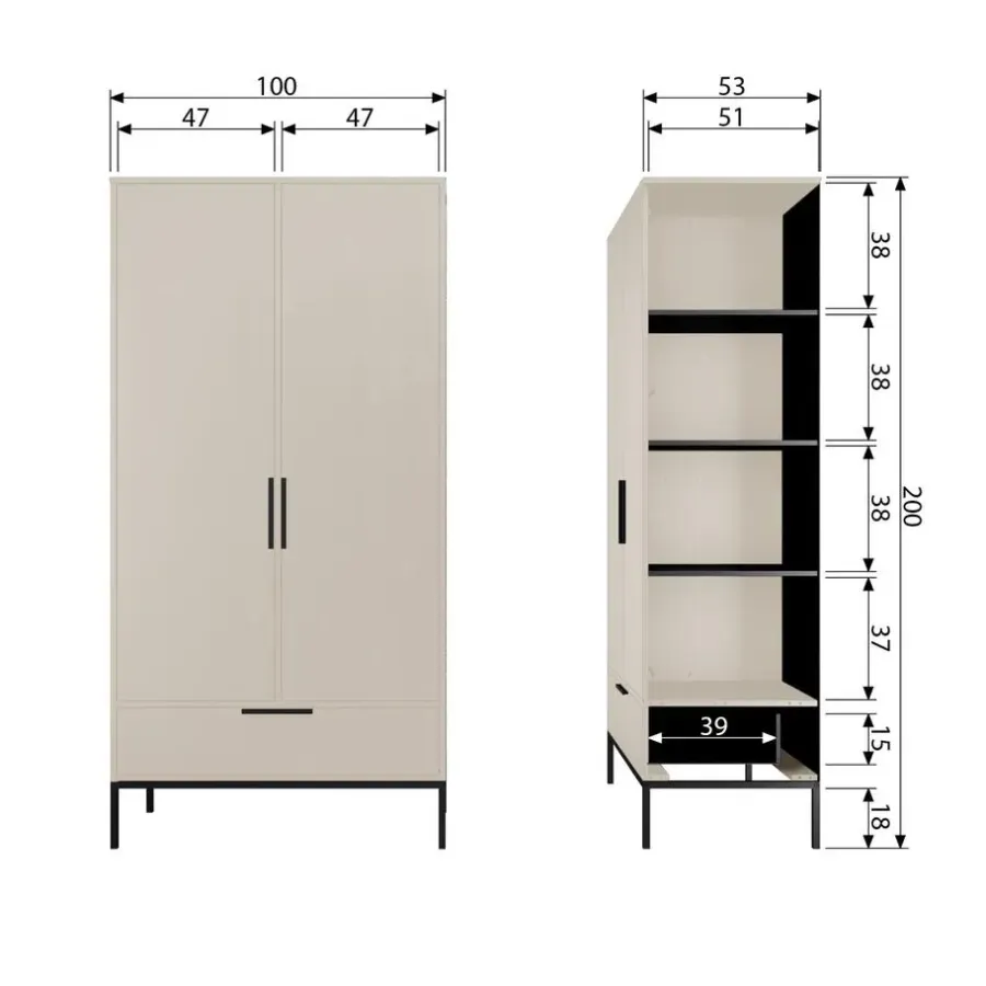 WOOOD Adam 2-deurs kast - Grenen - Dust - 200x100x53 cm