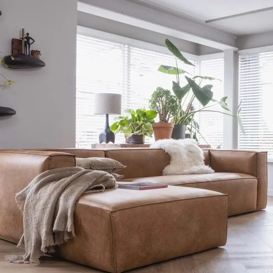 2,5 En 3-Zits Banken-WOOOD Bean Hoekbank Rechts - Ecoleer - Cognac - 73x305x96