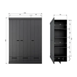 Kledingkasten|Kledingkasten-WOOOD Connect Kledingkast 3-Deurs met Lade - Grenen -Zwart- 195x140x53