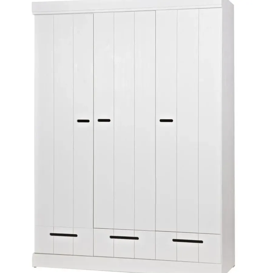 Kledingkasten|Kledingkasten-WOOOD Connect Kledingkast 3-Deurs met Lade - Grenen - Wit - 195x140x53