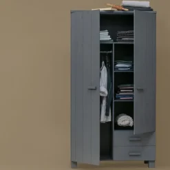 Kledingkasten|Kledingkasten-WOOOD Dennis Kast Met Laden - Grenen - Staal Grijs - 202x111x55