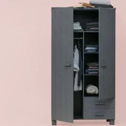 Kledingkasten|Kledingkasten-WOOOD Dennis Kast Met Laden - Grenen - Staal Grijs - 202x111x55
