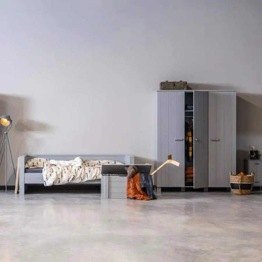 Kledingkasten|Kledingkasten-WOOOD Dennis Kast Met Laden - Grenen - Betongrijs - 202x111x55