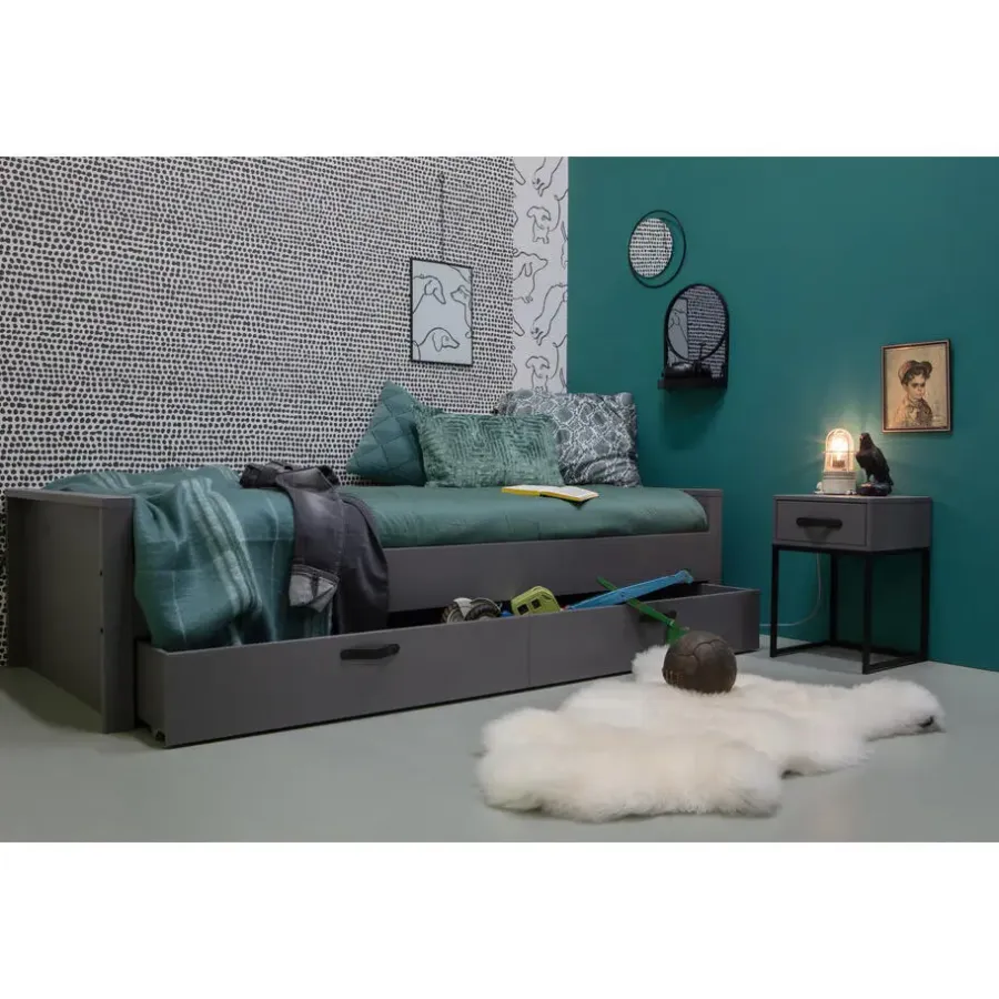 1-Persoons Bedden-WOOOD Morris Bed Incl. Bedlade/Lattenrol - Grenen - Leem - 90x200