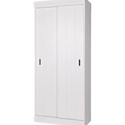 Kledingkasten|Kledingkasten-WOOOD Row Plankenkast Met Schuifdeuren - Grenen - Wit - 195x85x44