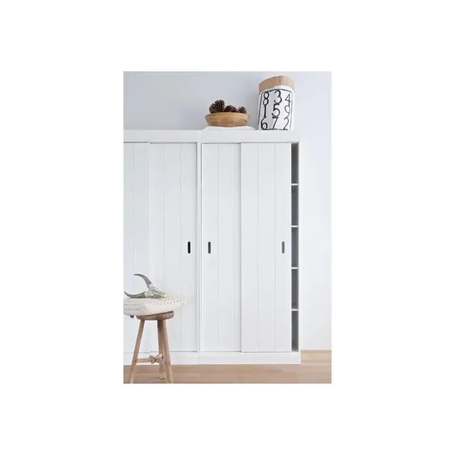 Kledingkasten|Kledingkasten-WOOOD Row Plankenkast Met Schuifdeuren - Grenen - Wit - 195x85x44
