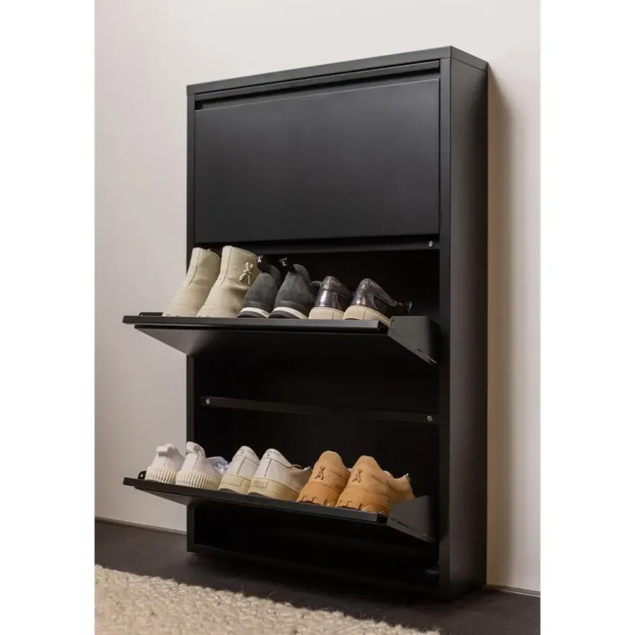 Schoenenkasten-WOOOD Sabine 3-Vaks Schoenenkast - Metaal - Zwart - 103x66x16