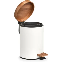 Zeller Pedaalemmer - 3L - wit - metaal en bamboe - 24 cm - toilet