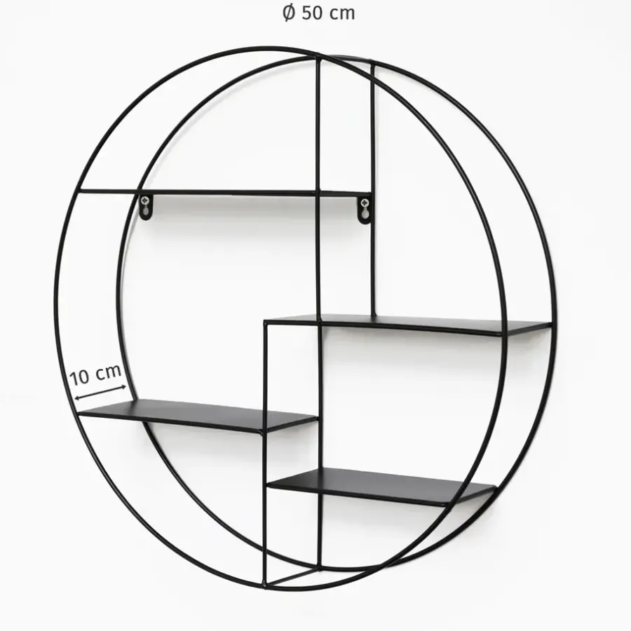 IVOL Zwart metalen wandrek met 4 plankjes - Rond - 50x10 cm