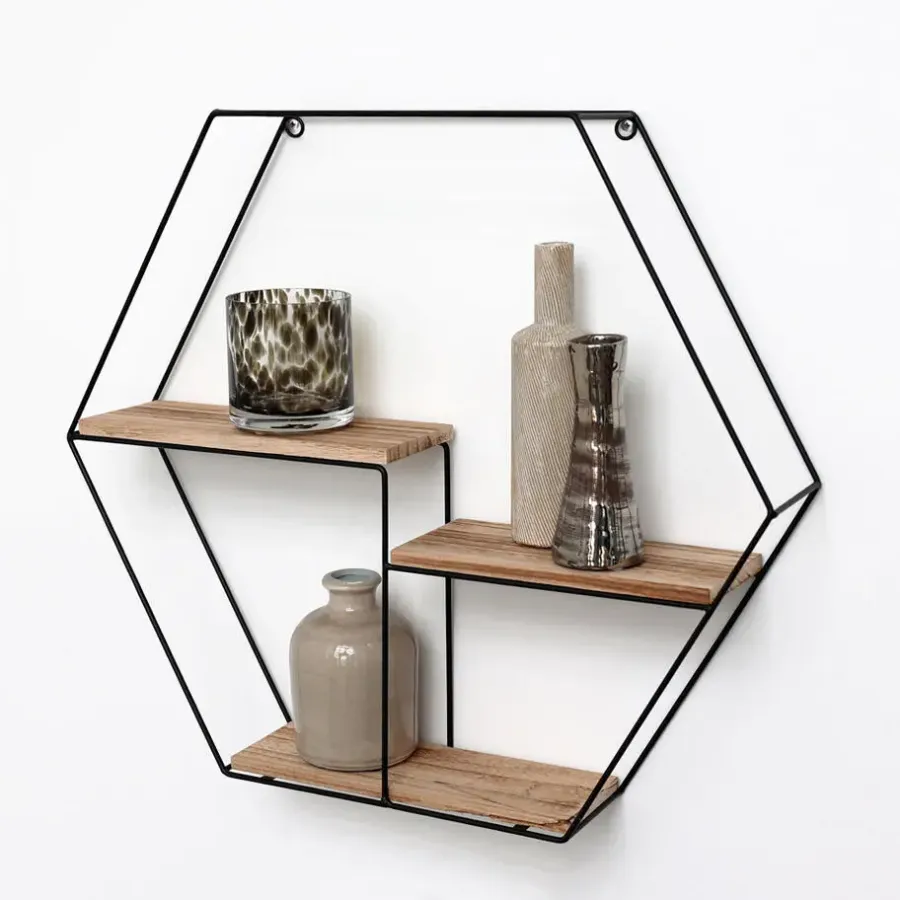 Wandrekken-IVOL Zwart metalen wandrek met 3 houten plankjes - Zeshoek - 48x55x10 cm