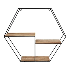 Wandrekken-IVOL Zwart metalen wandrek met 3 houten plankjes - Zeshoek - 48x55x10 cm