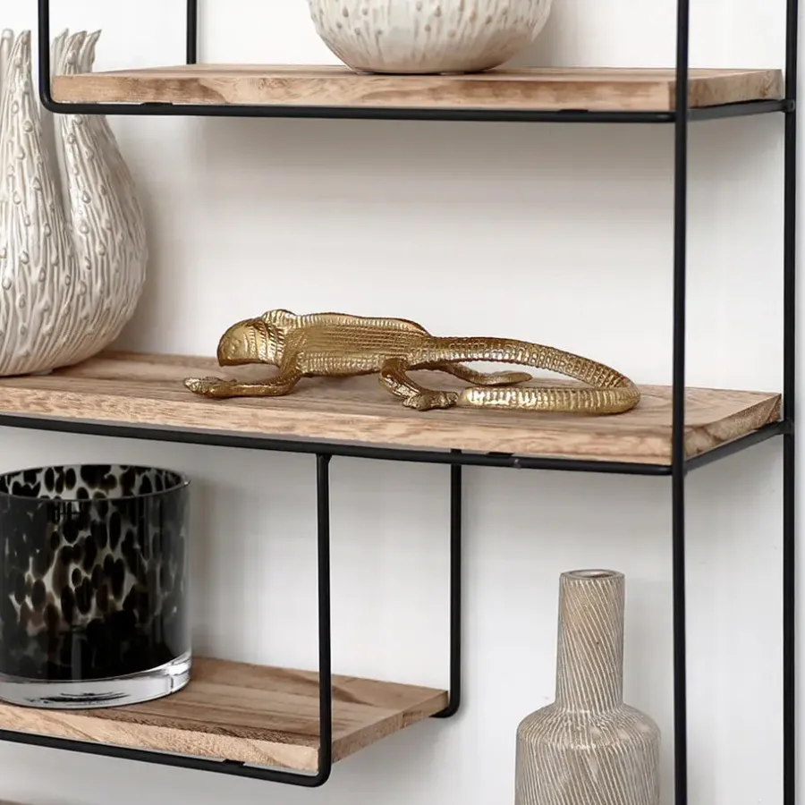 Wandrekken-IVOL Zwart metalen wandrek met 4 houten plankjes - Rechthoek - 55x45x11 cm