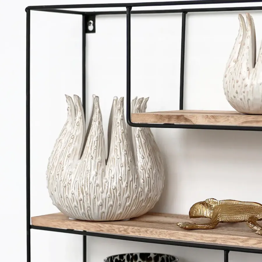 Wandrekken-IVOL Zwart metalen wandrek met 4 houten plankjes - Rechthoek - 55x45x11 cm