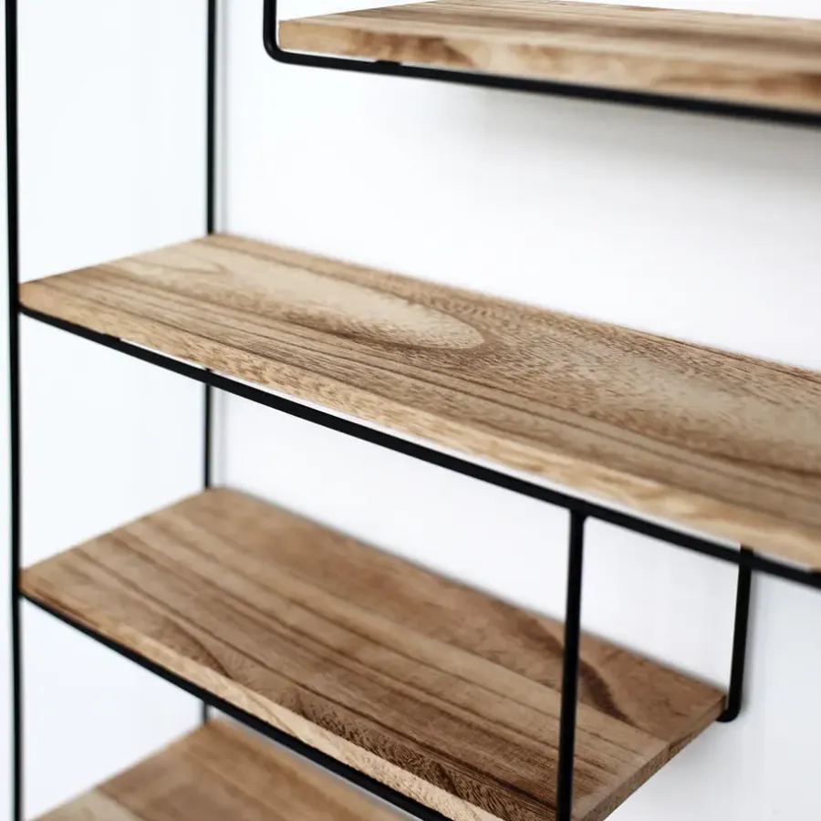 Wandrekken-IVOL Zwart metalen wandrek met 4 houten plankjes - Rechthoek - 55x45x11 cm