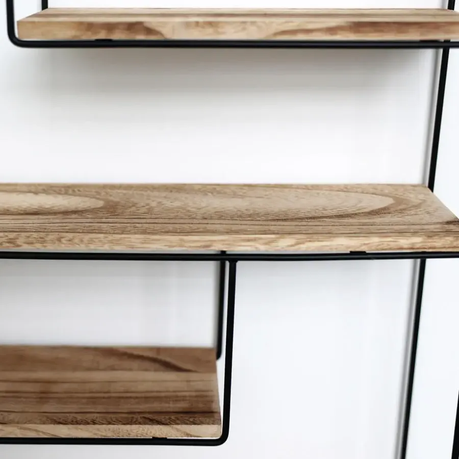 Wandrekken-IVOL Zwart metalen wandrek met 4 houten plankjes - Rechthoek - 55x45x11 cm