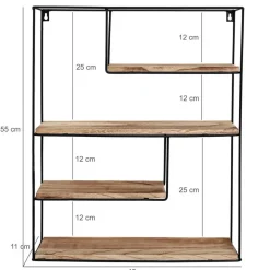 Wandrekken-IVOL Zwart metalen wandrek met 4 houten plankjes - Rechthoek - 55x45x11 cm