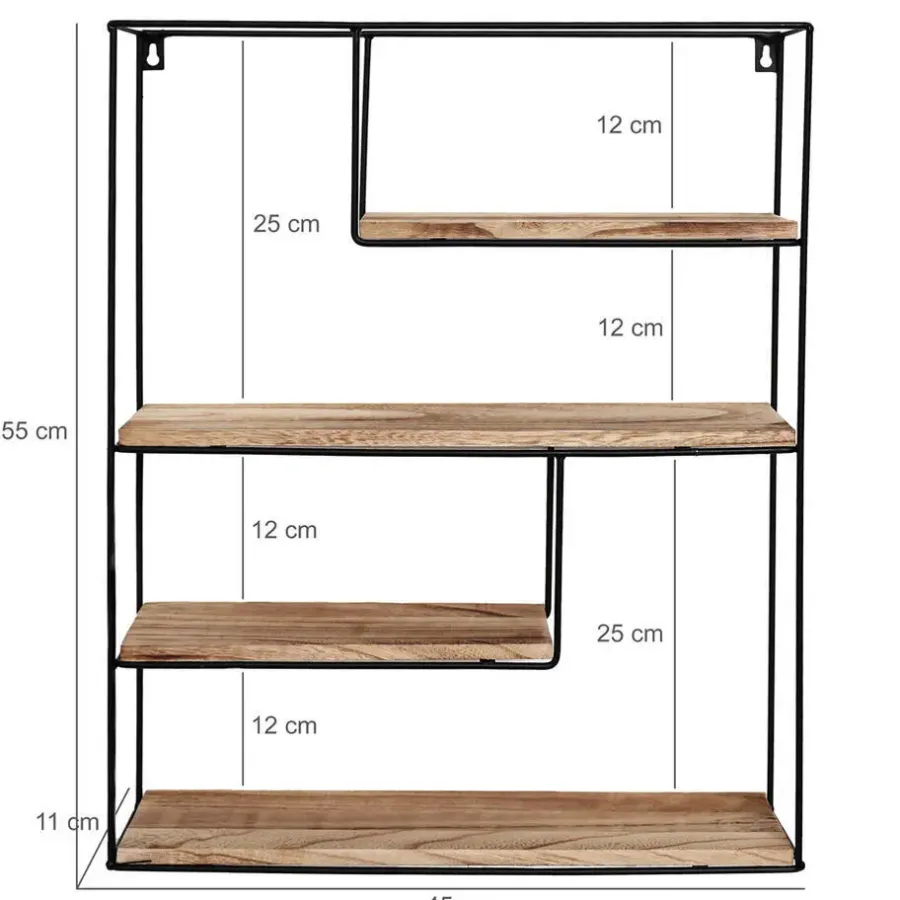 Wandrekken-IVOL Zwart metalen wandrek met 4 houten plankjes - Rechthoek - 55x45x11 cm