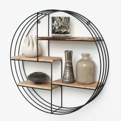 IVOL Zwart metalen wandrek met 4 houten plankjes - Rond - 50x11 cm